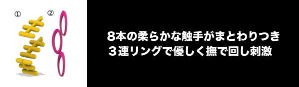 8本の柔らかな触⼿がまとわりつき３連リングで優しく撫で回し刺激